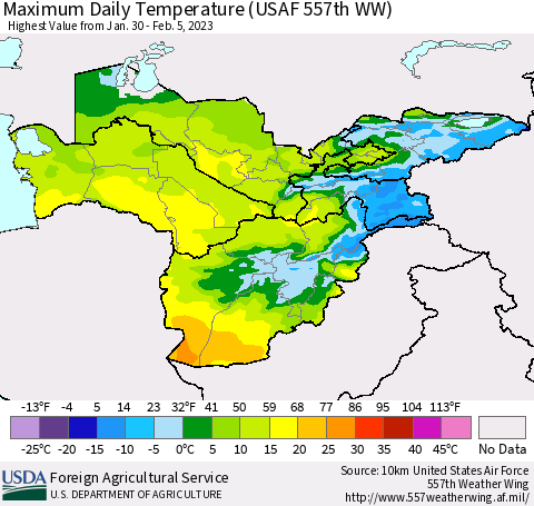 Central Asia Maximum Daily Temperature (USAF 557th WW) Thematic Map For 1/30/2023 - 2/5/2023