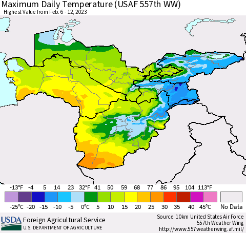 Central Asia Maximum Daily Temperature (USAF 557th WW) Thematic Map For 2/6/2023 - 2/12/2023