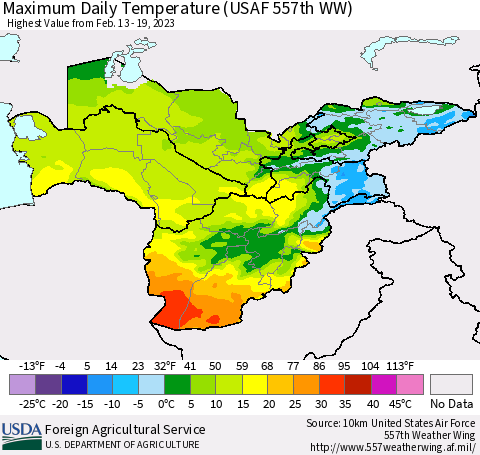 Central Asia Maximum Daily Temperature (USAF 557th WW) Thematic Map For 2/13/2023 - 2/19/2023