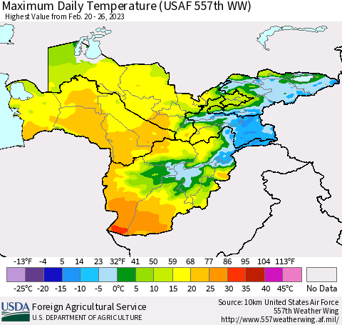 Central Asia Maximum Daily Temperature (USAF 557th WW) Thematic Map For 2/20/2023 - 2/26/2023