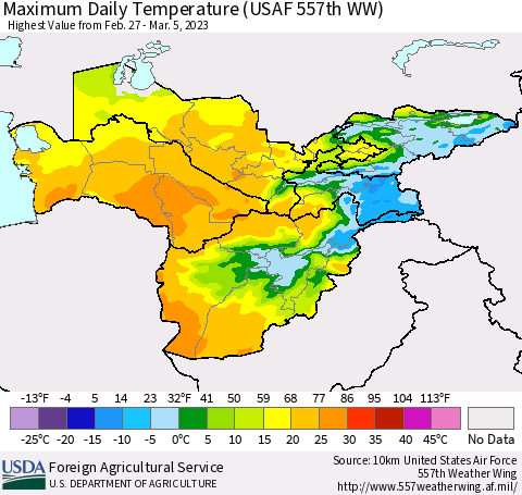 Central Asia Maximum Daily Temperature (USAF 557th WW) Thematic Map For 2/27/2023 - 3/5/2023