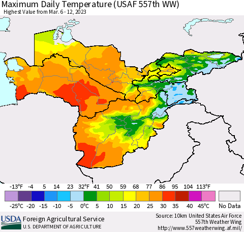 Central Asia Maximum Daily Temperature (USAF 557th WW) Thematic Map For 3/6/2023 - 3/12/2023