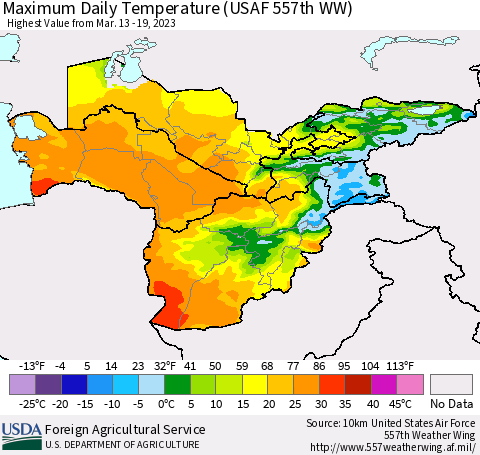 Central Asia Maximum Daily Temperature (USAF 557th WW) Thematic Map For 3/13/2023 - 3/19/2023