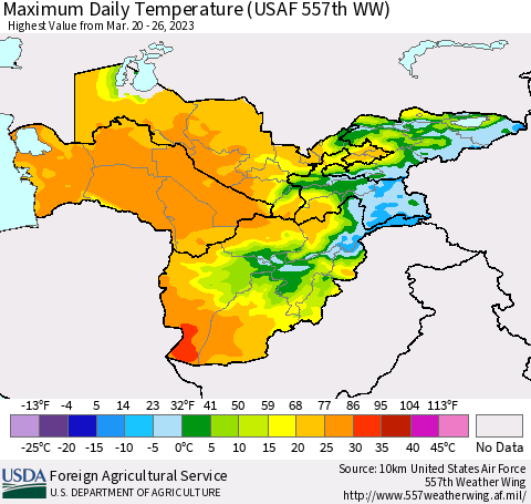 Central Asia Maximum Daily Temperature (USAF 557th WW) Thematic Map For 3/20/2023 - 3/26/2023