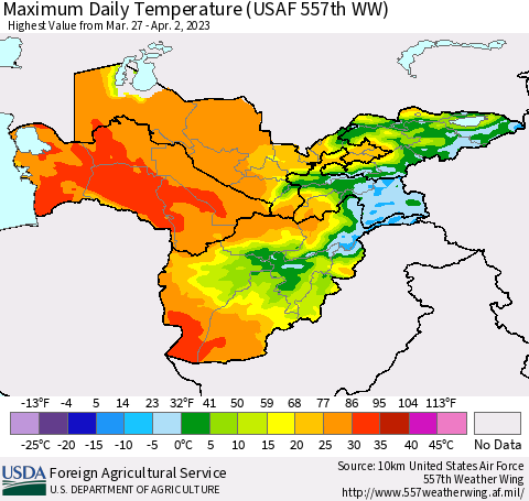 Central Asia Maximum Daily Temperature (USAF 557th WW) Thematic Map For 3/27/2023 - 4/2/2023
