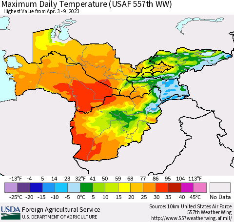 Central Asia Maximum Daily Temperature (USAF 557th WW) Thematic Map For 4/3/2023 - 4/9/2023