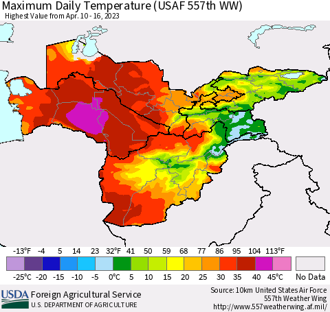 Central Asia Maximum Daily Temperature (USAF 557th WW) Thematic Map For 4/10/2023 - 4/16/2023