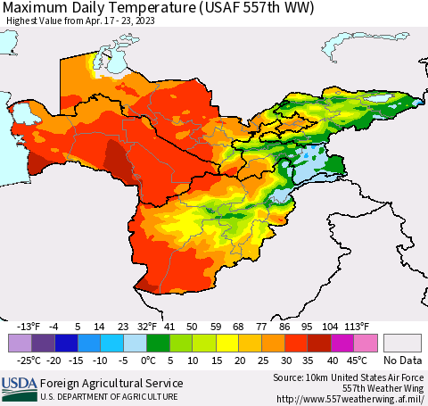 Central Asia Maximum Daily Temperature (USAF 557th WW) Thematic Map For 4/17/2023 - 4/23/2023