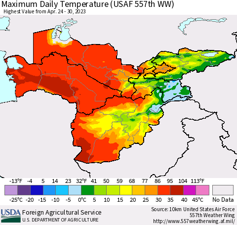 Central Asia Maximum Daily Temperature (USAF 557th WW) Thematic Map For 4/24/2023 - 4/30/2023