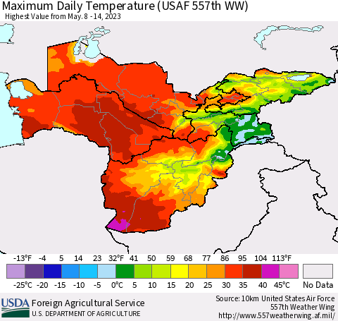 Central Asia Maximum Daily Temperature (USAF 557th WW) Thematic Map For 5/8/2023 - 5/14/2023