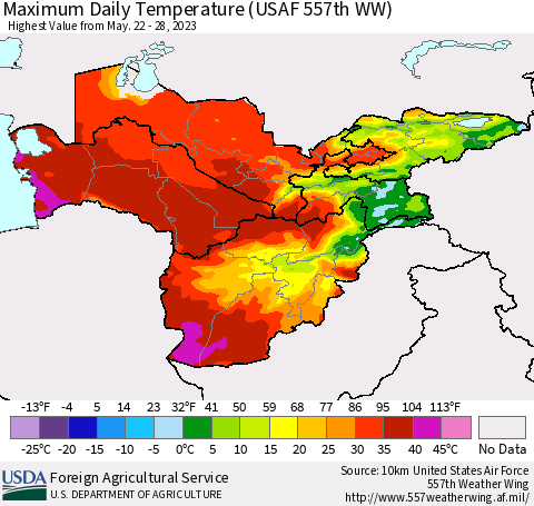 Central Asia Maximum Daily Temperature (USAF 557th WW) Thematic Map For 5/22/2023 - 5/28/2023