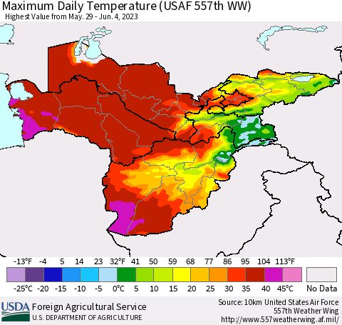 Central Asia Maximum Daily Temperature (USAF 557th WW) Thematic Map For 5/29/2023 - 6/4/2023