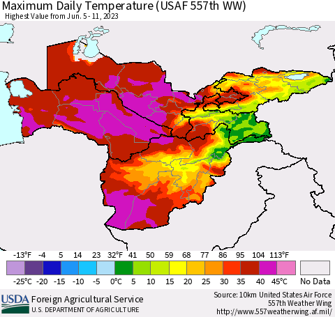 Central Asia Maximum Daily Temperature (USAF 557th WW) Thematic Map For 6/5/2023 - 6/11/2023