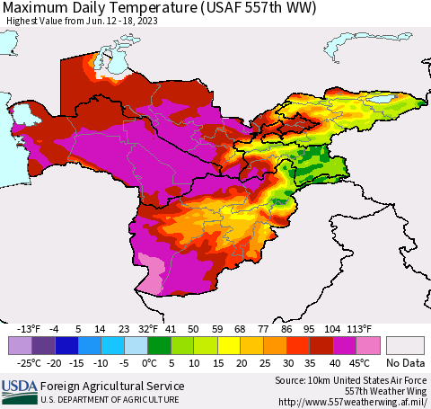 Central Asia Maximum Daily Temperature (USAF 557th WW) Thematic Map For 6/12/2023 - 6/18/2023