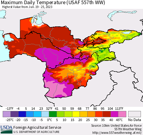 Central Asia Maximum Daily Temperature (USAF 557th WW) Thematic Map For 6/19/2023 - 6/25/2023