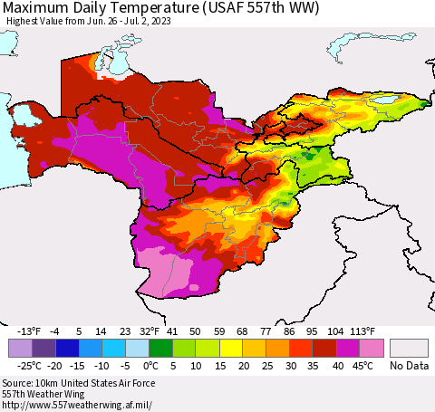 Central Asia Maximum Daily Temperature (USAF 557th WW) Thematic Map For 6/26/2023 - 7/2/2023