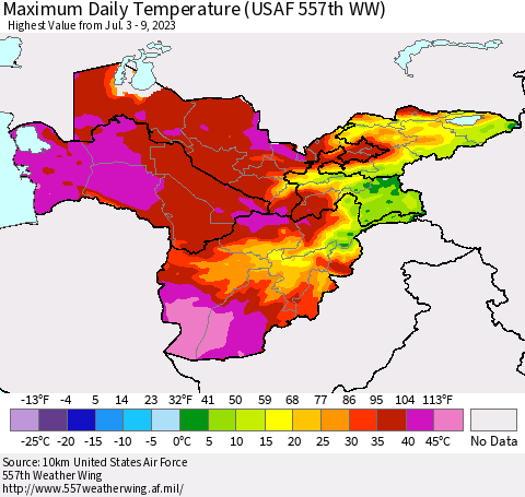 Central Asia Maximum Daily Temperature (USAF 557th WW) Thematic Map For 7/3/2023 - 7/9/2023