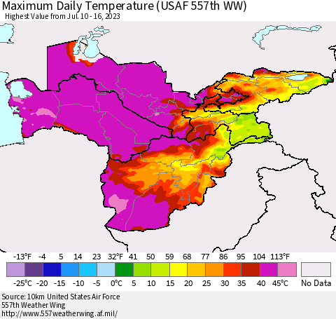 Central Asia Maximum Daily Temperature (USAF 557th WW) Thematic Map For 7/10/2023 - 7/16/2023