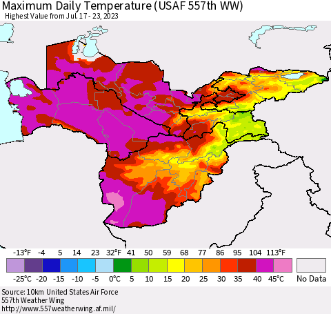 Central Asia Maximum Daily Temperature (USAF 557th WW) Thematic Map For 7/17/2023 - 7/23/2023