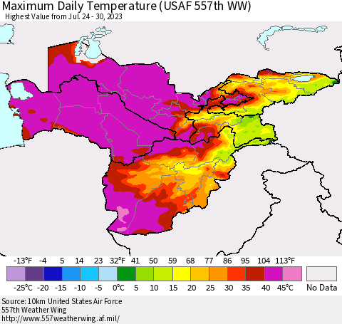 Central Asia Maximum Daily Temperature (USAF 557th WW) Thematic Map For 7/24/2023 - 7/30/2023