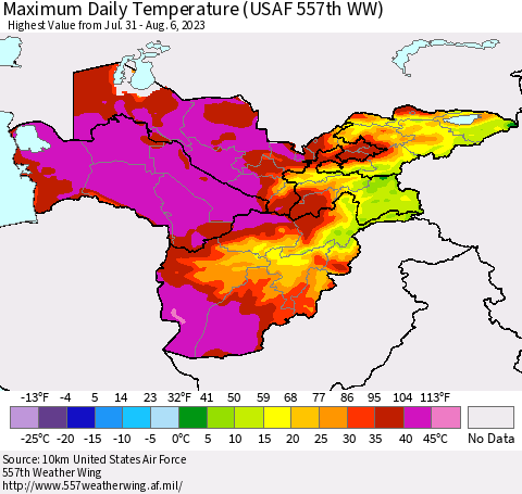 Central Asia Maximum Daily Temperature (USAF 557th WW) Thematic Map For 7/31/2023 - 8/6/2023