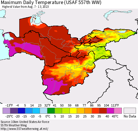 Central Asia Maximum Daily Temperature (USAF 557th WW) Thematic Map For 8/7/2023 - 8/13/2023