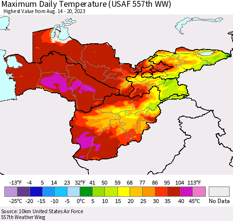 Central Asia Maximum Daily Temperature (USAF 557th WW) Thematic Map For 8/14/2023 - 8/20/2023