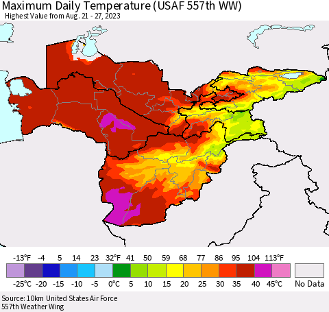 Central Asia Maximum Daily Temperature (USAF 557th WW) Thematic Map For 8/21/2023 - 8/27/2023