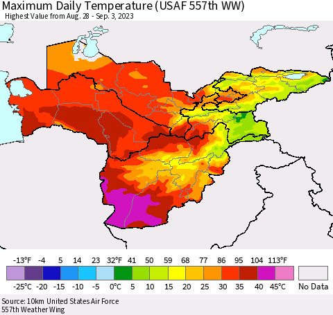 Central Asia Maximum Daily Temperature (USAF 557th WW) Thematic Map For 8/28/2023 - 9/3/2023