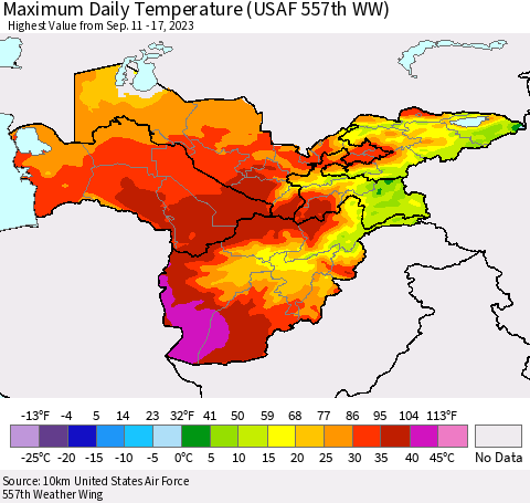 Central Asia Maximum Daily Temperature (USAF 557th WW) Thematic Map For 9/11/2023 - 9/17/2023