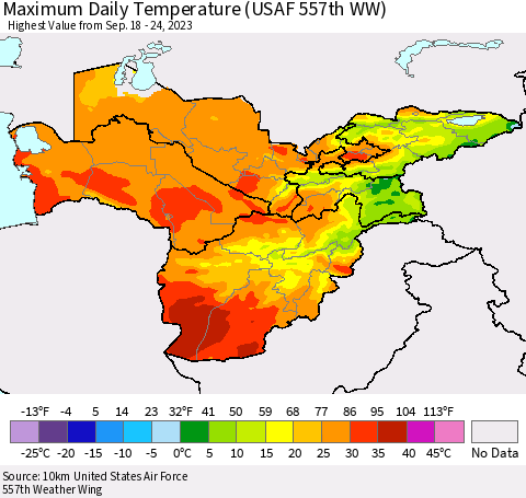 Central Asia Maximum Daily Temperature (USAF 557th WW) Thematic Map For 9/18/2023 - 9/24/2023