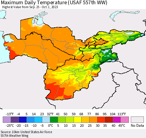 Central Asia Maximum Daily Temperature (USAF 557th WW) Thematic Map For 9/25/2023 - 10/1/2023