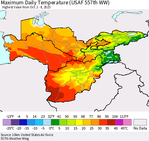 Central Asia Maximum Daily Temperature (USAF 557th WW) Thematic Map For 10/2/2023 - 10/8/2023