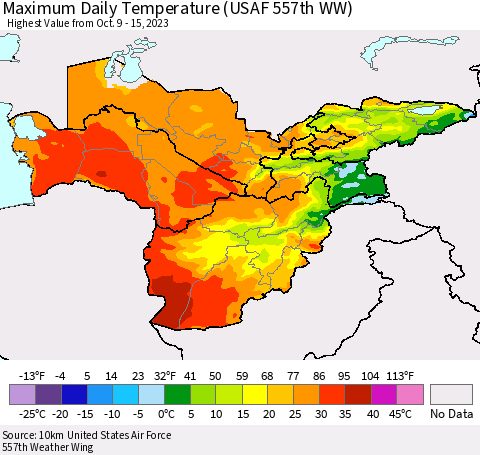 Central Asia Maximum Daily Temperature (USAF 557th WW) Thematic Map For 10/9/2023 - 10/15/2023
