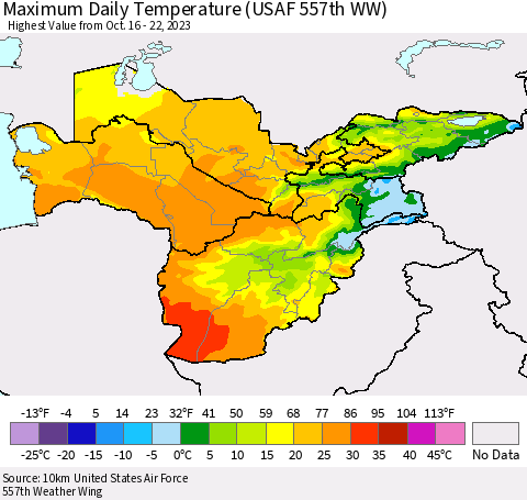 Central Asia Maximum Daily Temperature (USAF 557th WW) Thematic Map For 10/16/2023 - 10/22/2023