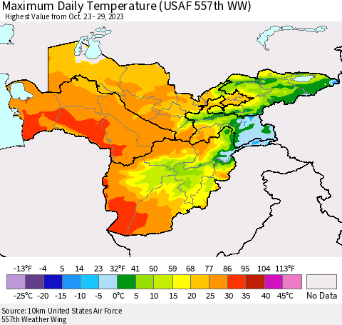 Central Asia Maximum Daily Temperature (USAF 557th WW) Thematic Map For 10/23/2023 - 10/29/2023