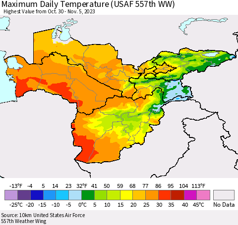 Central Asia Maximum Daily Temperature (USAF 557th WW) Thematic Map For 10/30/2023 - 11/5/2023