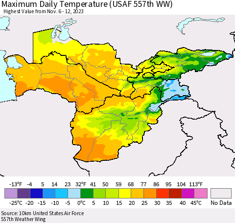 Central Asia Maximum Daily Temperature (USAF 557th WW) Thematic Map For 11/6/2023 - 11/12/2023