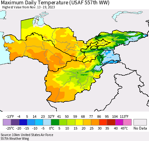 Central Asia Maximum Daily Temperature (USAF 557th WW) Thematic Map For 11/13/2023 - 11/19/2023