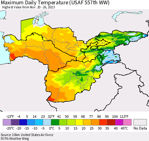 Central Asia Maximum Daily Temperature (USAF 557th WW) Thematic Map For 11/20/2023 - 11/26/2023