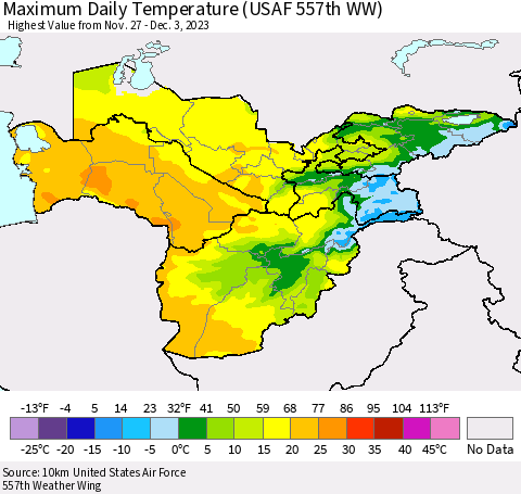 Central Asia Maximum Daily Temperature (USAF 557th WW) Thematic Map For 11/27/2023 - 12/3/2023