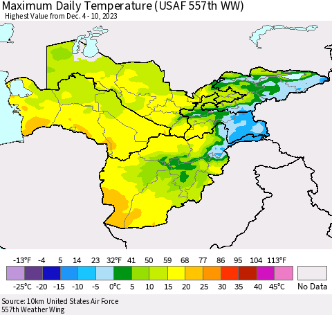 Central Asia Maximum Daily Temperature (USAF 557th WW) Thematic Map For 12/4/2023 - 12/10/2023