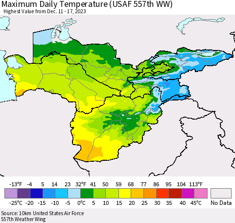 Central Asia Maximum Daily Temperature (USAF 557th WW) Thematic Map For 12/11/2023 - 12/17/2023