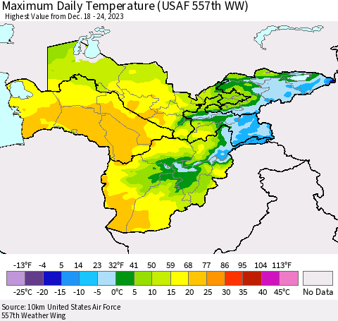 Central Asia Maximum Daily Temperature (USAF 557th WW) Thematic Map For 12/18/2023 - 12/24/2023