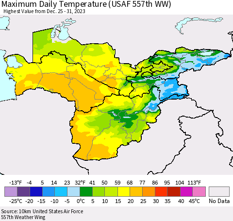 Central Asia Maximum Daily Temperature (USAF 557th WW) Thematic Map For 12/25/2023 - 12/31/2023
