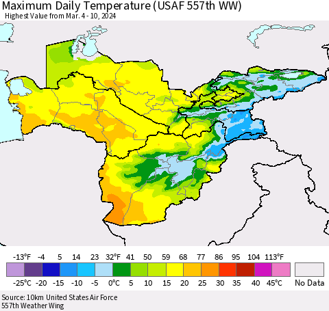 Central Asia Maximum Daily Temperature (USAF 557th WW) Thematic Map For 3/4/2024 - 3/10/2024