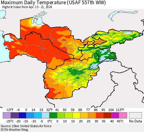 Central Asia Maximum Daily Temperature (USAF 557th WW) Thematic Map For 4/15/2024 - 4/21/2024
