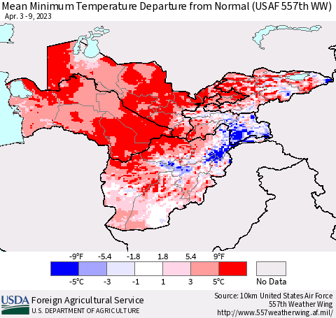 Central Asia Mean Minimum Temperature Departure from Normal (USAF 557th WW) Thematic Map For 4/3/2023 - 4/9/2023