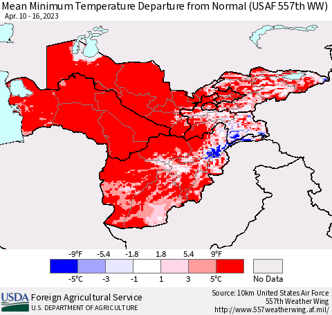 Central Asia Mean Minimum Temperature Departure from Normal (USAF 557th WW) Thematic Map For 4/10/2023 - 4/16/2023