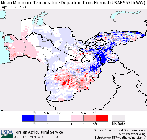 Central Asia Mean Minimum Temperature Departure from Normal (USAF 557th WW) Thematic Map For 4/17/2023 - 4/23/2023